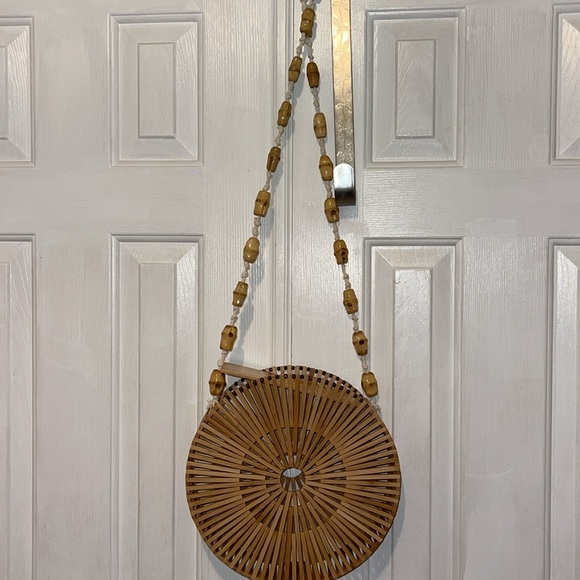 Womens Round Bamboo Bag Large Tote Lady Bag Shoulder Bag Handmade Basket Handbag - Picture 8 of 9